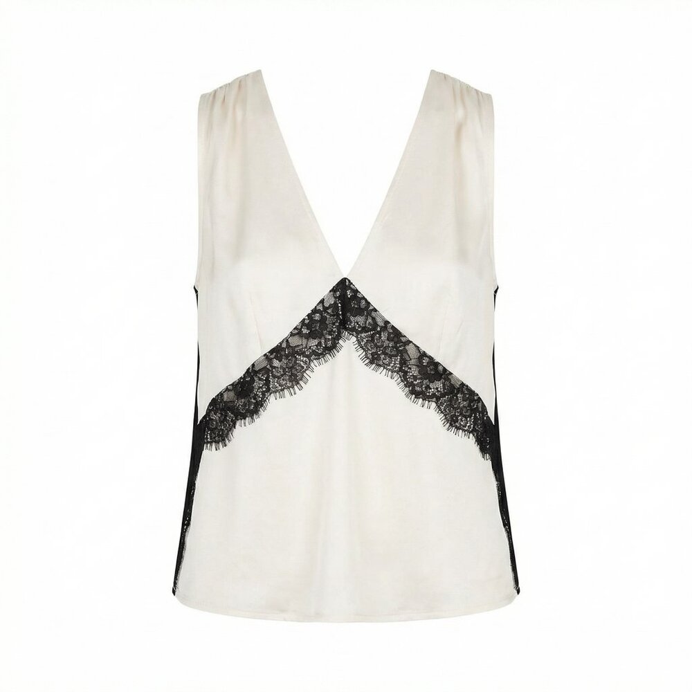 French Connection Ennis Satin Lace‑Trim Top Women’s Satin V‑Neck Sleeveless Blou
